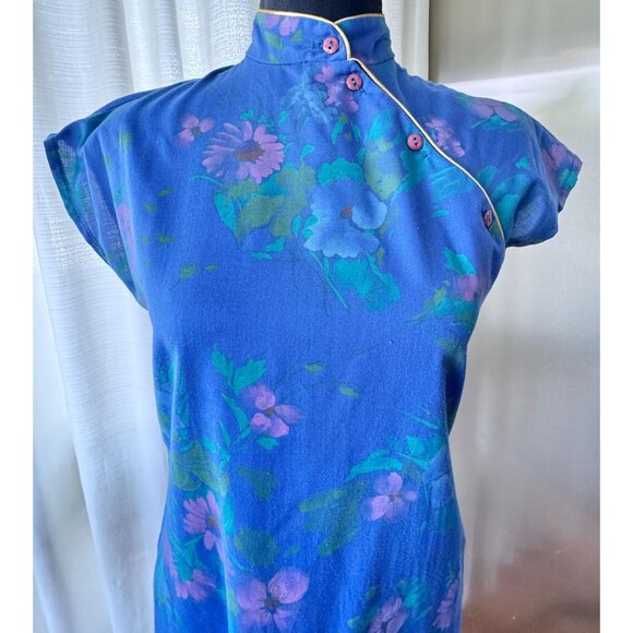Vintage 70s dress, blue, purple floral, Cheongsam modern interpretation - Picture 8 of 10